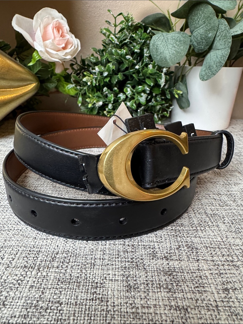 COACH Black/Brown Leather Belt with Gold 'C' Buckle size L - Picture 5 of 5